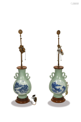 Pair of Chinese Celadon Blue and White Zun, Republic民国 粉青...