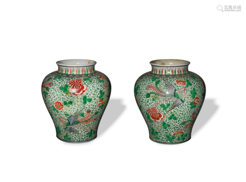 Pair of Chinese Wucai Phoenix Jars, 19th Century十九世纪 五彩...