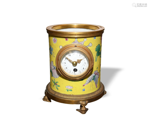 Chinese Famille Rose Brushpot-Clock, Yongzheng清雍正 黄地粉彩...