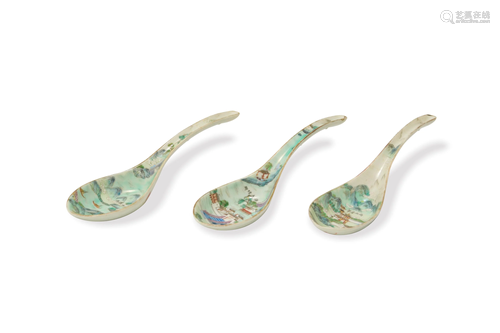 3 Chinese Famille Rose Spoons, Jiaqing清嘉庆 粉彩山水调羹三只