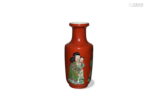 Chinese Coral Red Wucai Rouleau Vase, 19th Century十九世紀 珊...