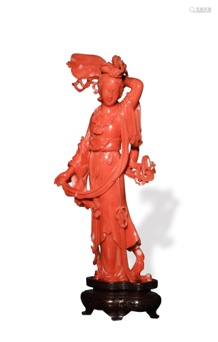 Chinese Coral Statue of a Court Lady红珊瑚仕女立像（附木座）