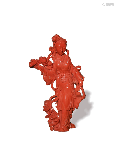 Chinese Coral Statue of a Court Lady, Late 19th Century十九世...