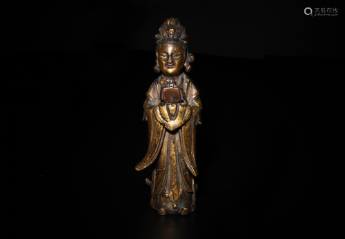 Chinese Gilt Bronze Statue of a Lady, Ming Dynasty明代 铜鎏金...