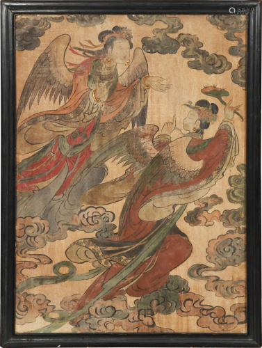 Chinese Painted Buddhist Wall Fresco,Ming明代 飛天圖壁畫