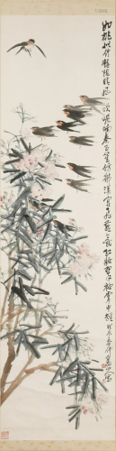 Chinese Painting of Swallows by Wang Zheng王震 桃花飞燕立轴