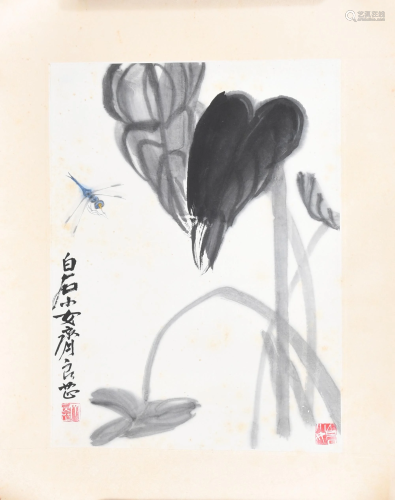 Chinese Painting of a Lotus and a Bug by Qi Liangzhi齐良芷 荷...