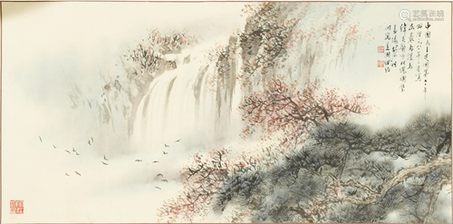 Chinese Painting of a Waterfall by Hu Nianzhu胡念祖 纬炎上款...