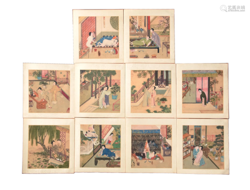 Set of 10 Chinese Album Leaf Erotic Paintings, 19th十九世纪 ...