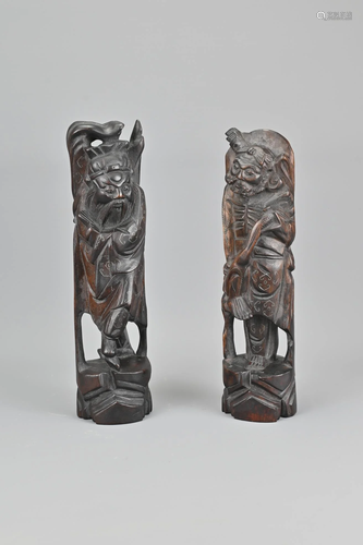 Two Chinese Carved Wooden Figures With Silver Wire