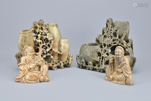 A Pair Of Chinese Carved Soapstone Figures