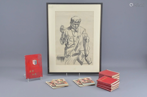 A Vintage Chinese Charcoal Drawing Of A Red Guard