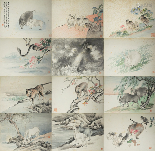 Set of 12 Album Paintings of Zodiac Animals by Lu Hui陸恢 設...