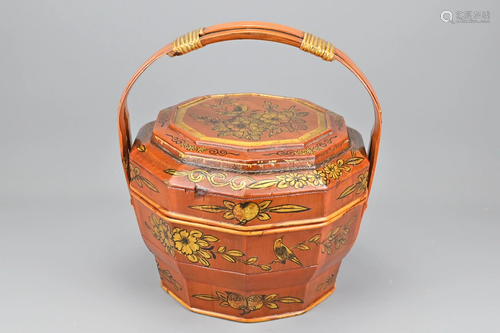 A Chinese Wooden Food Basket With Gilt Decoration