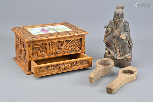 A Chinese Carved Wooden Box With An Inset Porcelain