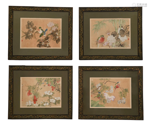 Set of 4 Chinese Paintings of Birds and Flowers花鸟镜框四张一...