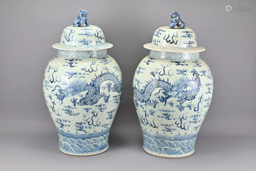 A Pair Of Large Vintage Chinese Blue and White Por