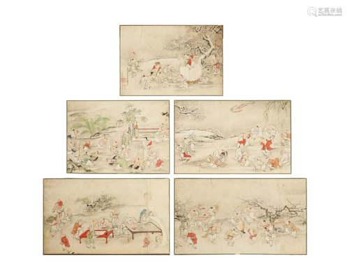 Set of 5 Chinese Paintings of Children婴戏图镜心五张一套