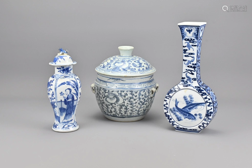 Three Vintage Chinese Blue and White Porcelain Ite