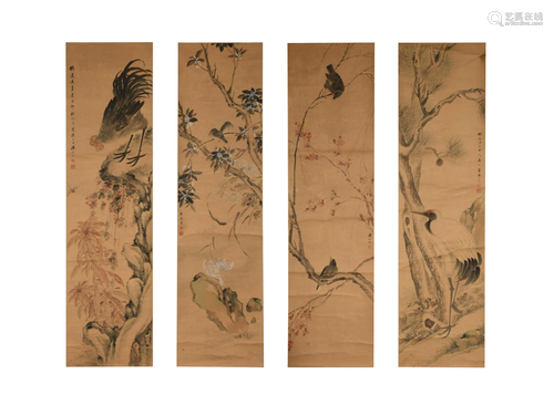 Set of 4 Chinese Paintings by Tang Luming汤禄名 花鸟四条屏