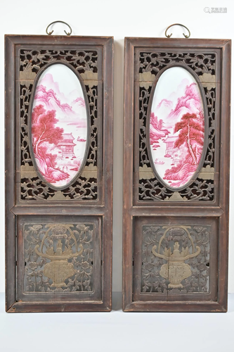 A Pair Of Chinese Painted Porcelain Plaques In Carved