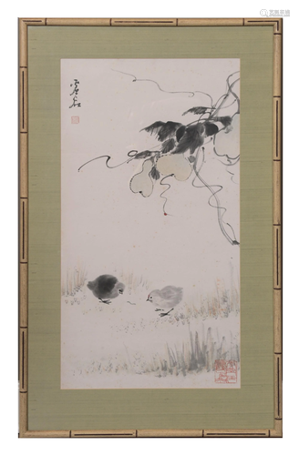 Chinese Ink Painting of Chicks by Xu Gu虛谷 福祿吉祥鏡框