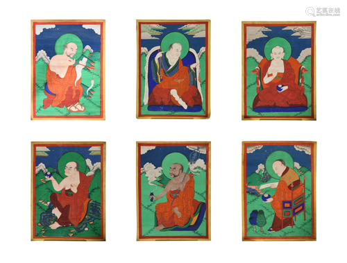 Set of 6 Chinese Paintings of Luohan, 18/19th Century十八/十...