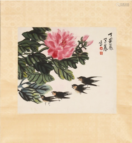 Chinese Painting of Flowers and Birds by Wang Zheng王震 花鸟...