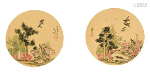 Two Chinese Round Fan Paintings by He Danshan何丹山 团扇面两...