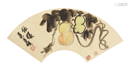 Chinese Fan Painting of Gourds Attributed to Wu吴昌硕款 葫芦...