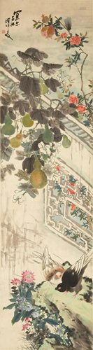 Chinese Painting of a Garden by Ren Xiong任熊 花鸟立轴