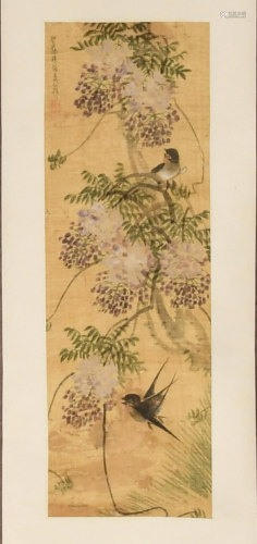 Chinese Painting of Birds by Kang Gong康公 绢本紫藤立轴