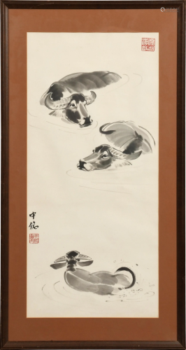 Chinese Painting of Buffalo by Liang Zhongming梁中铭 三牛图镜...