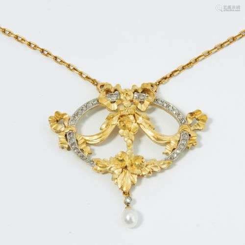 Jugendstil-Diamant-Perlen-Anhänger an Kette