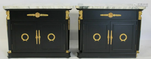 Pr Of Vintage Ebonised, Bronze Mounted Marbletop