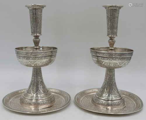 SILVER. Pair of Signed Persian Silver Candlesticks