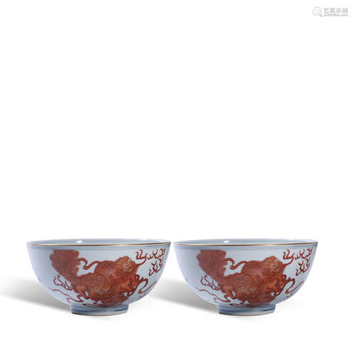 A pair of red colored animal bowl in Qing Dynasty