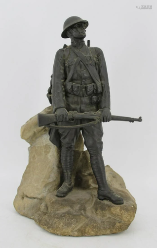 Illegibly Signed Sculpture Of A Soldier On Stone