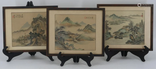 (3) Signed Asian Watercolor Landscapes on Silks.
