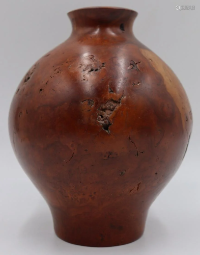 Signed Cherry Burl Wood Vase.