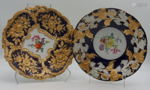(2) Meissen Gilt & Floral Decorated Cobalt Plates.