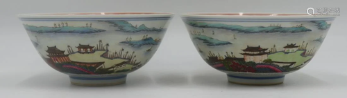 Pr of Signed Chinese Famille Rose Bowls of Harbor.