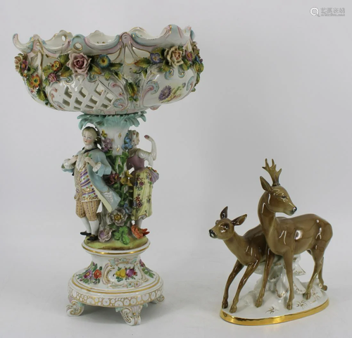 Meissen Porcelain Deer Together With A Porcelain