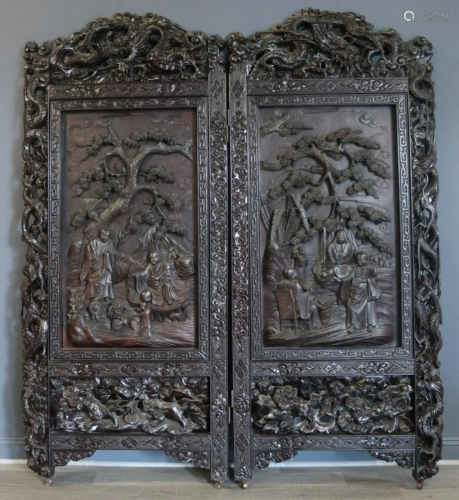 Large Highly Carved Asian Folding Screen.