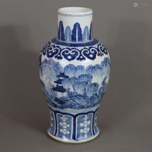 Vase balustre bleu et blanc de style Kangxi - peinture bleue...