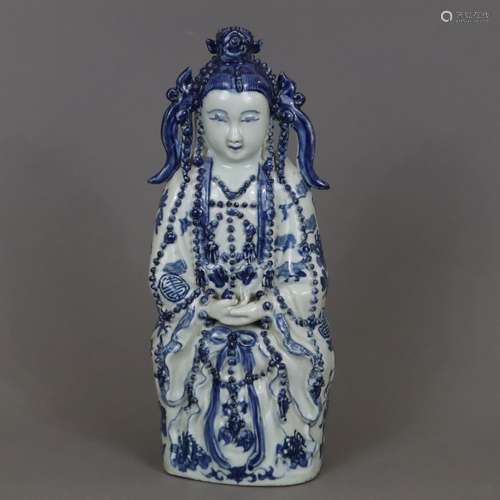 Guanyin à décor bleu et blanc - Chine, figure en porcelaine ...