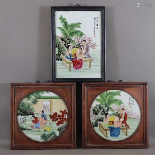 Trois tableaux érotiques en porcelaine - 3-pcs, Chine, deux ...