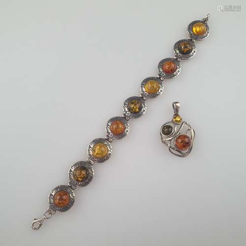 Bracelet et pendentif d'ambre - monture en argent 925, estam...