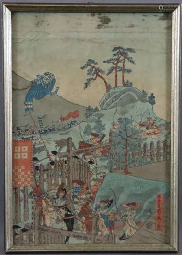 Gravure sur bois japonaise -19e siècle- scène de chasse, sig...