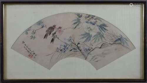 Peinture d'éventail chinoise - paire d'oiseaux sur des branc...